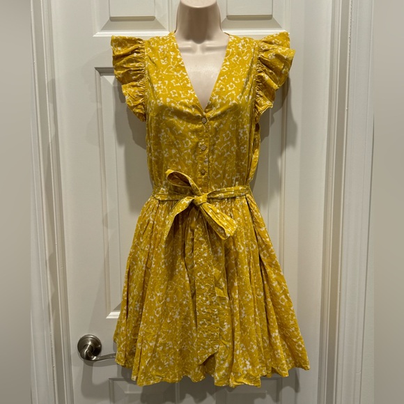 Cleobella Zia Mini Dress Cassia Ruffle Shoulder Yellow White Evereve Sz s - Picture 3 of 10